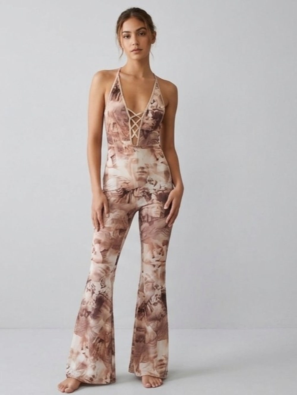 SHEIN Renaissance Sculpture Print Halter Jumpsuit - Lace Up Flare Leg XS